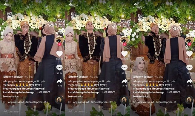 Viral pengantin pria nangis sesenggukan di pemalinan, videonya ditonton 13 juta kali. (TikTok/@bennyseptyan)