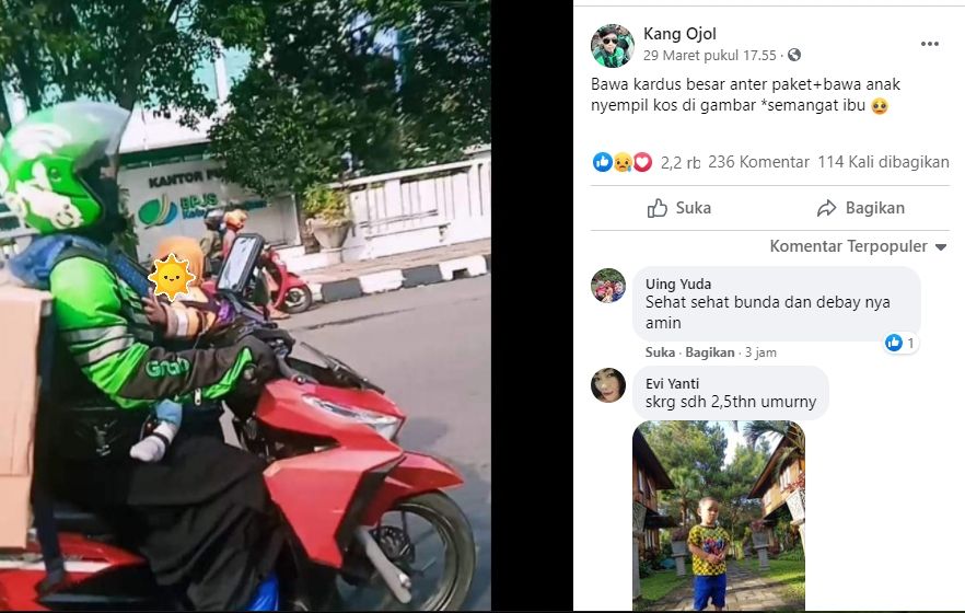 Ibu narik ojol sambil gendong bayi. (Facebook/Kang Ojol)