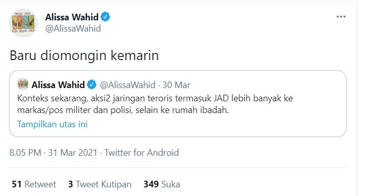 Cuitan Putri Gus Dur, Alissa Wahid soal teroris (Twitter/AlissaWahid).