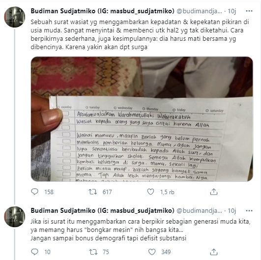 Potongan utas Budiman Sudjatmiko terkait isi surat wasiat Zakiah Aini (Twitter).