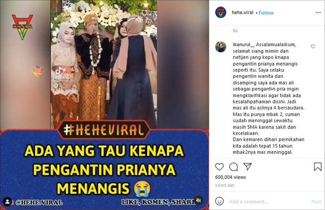 Istri beber alasan pengantin pria nangis di pelaminan hingga viral. (Instagram/@hehe.viral)