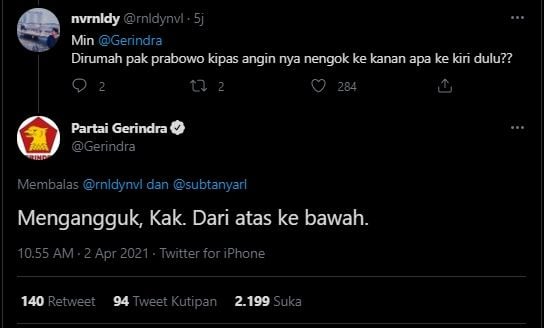 Balasan akun Gerindra. (Twitter/subtanyarl)