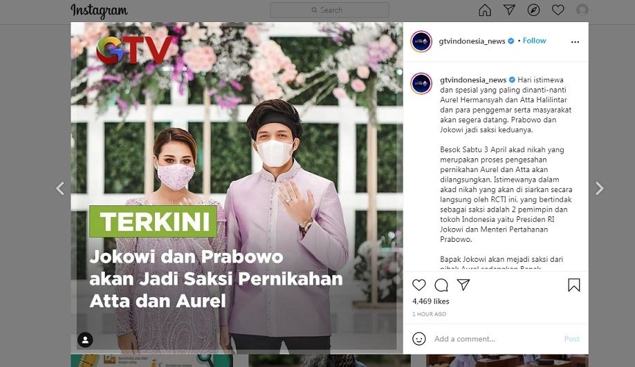 Jokowi dan Prabowo disebut jadi saksi nikah Atta Halilintar dan Aurel Hermansyah.