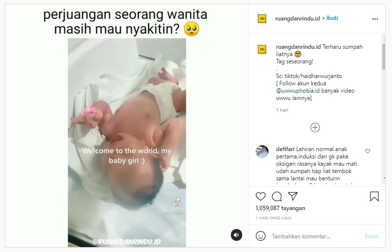 Viral detik-detik ibu melahirkan, publik terharu (Instagram/ruangdanrindu.id).