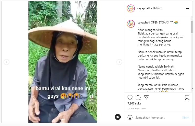 Nenek sebatang kara viral (Instagram/sayaphati).