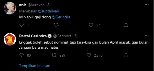 Balasan akun Gerindra. (Twitter/subtanyarl)