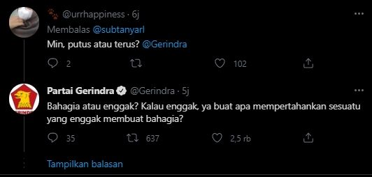 Balasan akun Gerindra. (Twitter/subtanyarl)