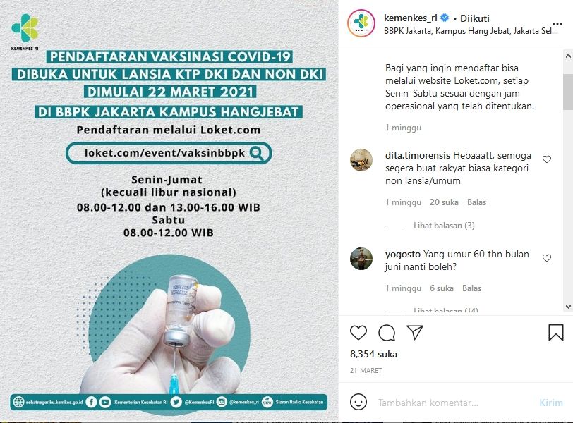 Vaksinasi Covid-19 Lansia KTP Non-Jabodetabek di BPPK Hang Jebat. (Instagram/@kemenkes_ri)