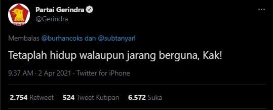 Balasan akun Gerindra. (Twitter/subtanyarl)