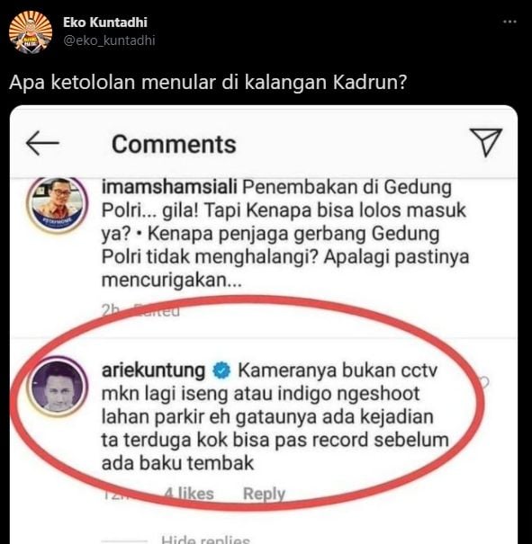 Arie Untung Komentar Julid soal Penyerangan Mabes, Eko: Ketololan Menular. (twitter.com/eko_kuntadhi)