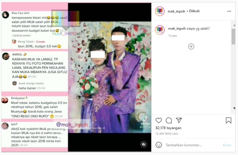Derita salah pilih MUA, wanita ini pengin nikah diulang lagi (Instagram/Mak_inpoh).