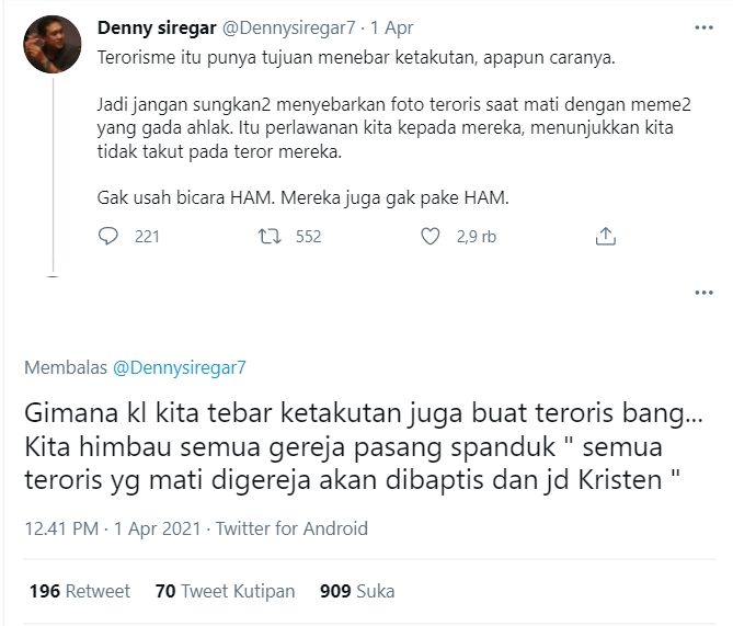 Cuitan Denny Siregar dan usulan publik untuk menakuti balik teroris (Twitter).