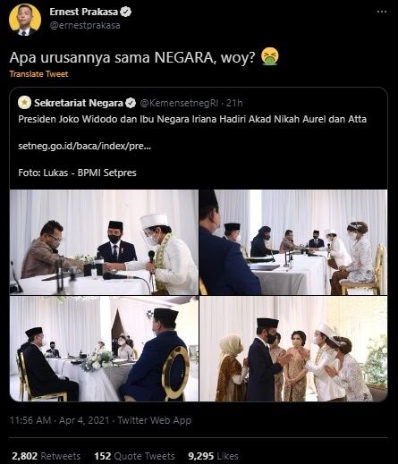 Ernest Prakasa Kritik Pedas Sekretariat Negara (Twitter/@ernestprakasa)