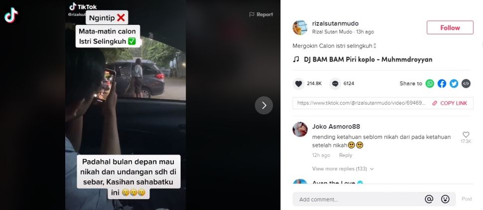 Pria Pergoki Calon Istri Asyik Selingkuh (TikTok/@rizalsutanmudo)