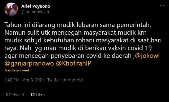 Arief Poyuono Beri Solusi Mudik Aman. (Twitter/bumnbersatu)