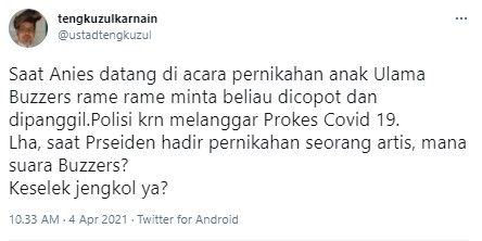 Tengku Zul bandingkan Jokowi dan Anies saat hadiri resepsi nikahan (Twitter/ustadtengkuzul)