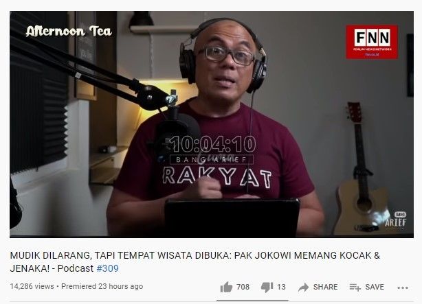 Arief Munandar ketawa tanggapi kebijakan larangan mudik (youtube)