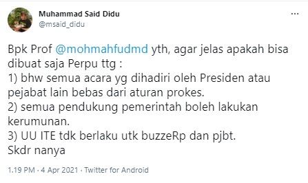 Said Didu minta Mahfud MD keluarkan aturan presiden boleh bebas prokes (Twitter/msaid_didu)
