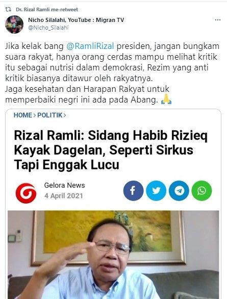 Rizal Ramli didoakan jadi presiden (Twitter/ramlirizal)