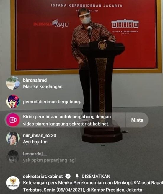 Netizen sindir soal kondangan dan jahatan saat Sekretariat Negara jumpa pers live Instagram, Senin (5/4/2021).