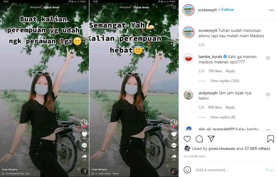 Viral Gadis Puji Wanita Yang Sudah Tak Perawan (Instagram/@screensyit)