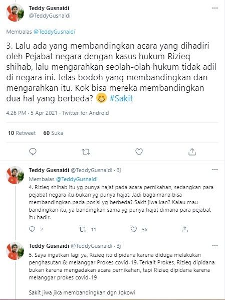 Teddy sebut orang yang bandingkan Jokowi hadiri nikahan dengan Rizieq itu orang sakit jiwa (Twitter/