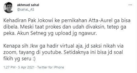 Gus Sahal sebut kedatangan Jokowi di pesta nikahan Atta-Aurel tak bisa dibela (Twitter/sahal_as)