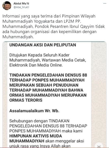 Muhammadiyah bantah ponpes di Sleman yang digeledah Densus milik Muhammadiyah (Twitter/abe_mukti)