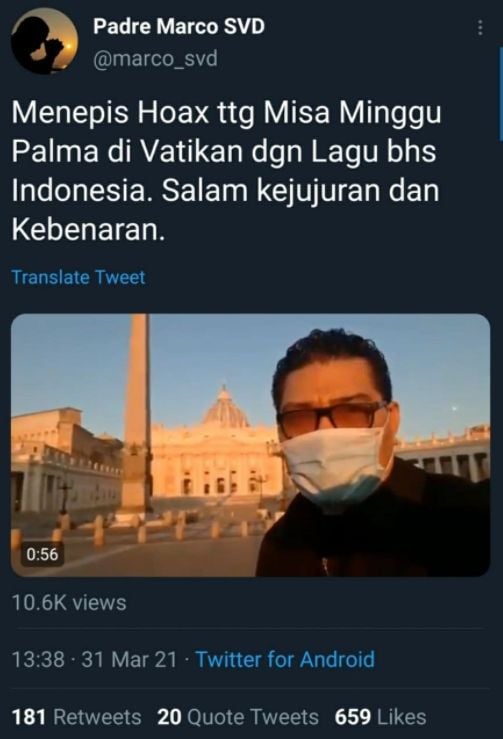 Cek Fakta: Pembukaan Misa Minggu Palma di Vatikan dengan Lagu Berbahasa (twitter/marco_svd)