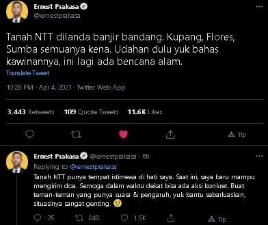 Cuitan Ernest Prakarsa ajak warganet bantu korban banjir NTT, setop bahas kawinan artis.(Twitter/@ernestprakarsa).