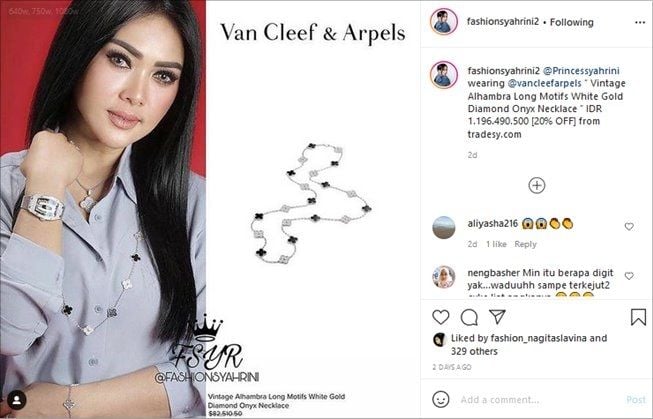 Syahrini pernah pakai kalung seharga nyaris Rp1,2 miliar. (Instagram/@fashionsyahrini2)