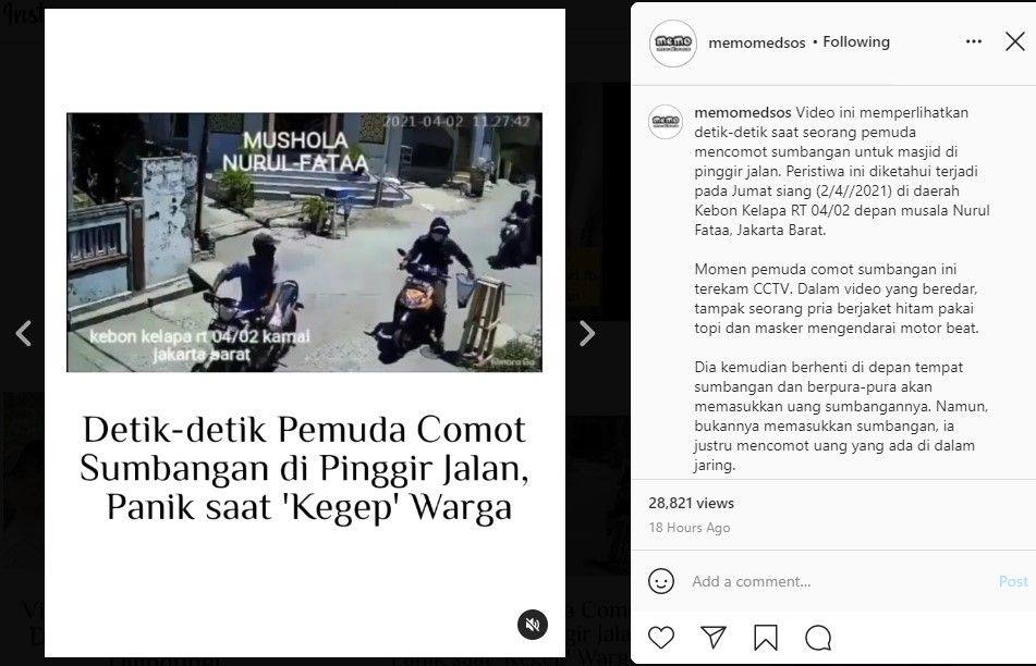 Pemotor terciduk kuras sumbangan musala di pinggir jalan (IG/memomedsos)