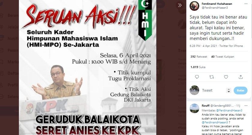 Beredar poster demo besar tangkap Anies Baswedan, Gubernur DKI Jakarta. Ajakan demo itu, Selasa (6/4/2021) besok.