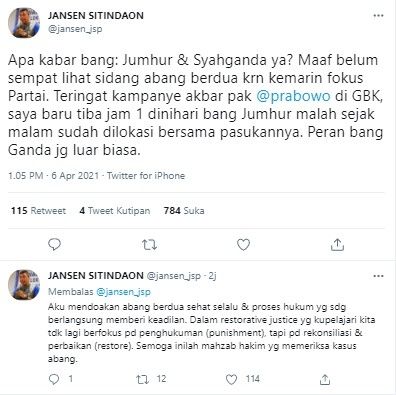 Jansen kenang perjuangan Jumhur dan Syahganda saat Pilpres 2019 (Twitter/jansen_jsp)