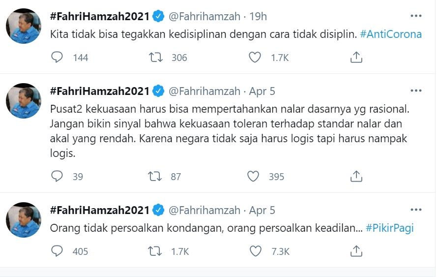 Cuitan Fahri  tanggapi perdebatan penerapan protokol kesehatan di kondangan (twitter/fahrihamzah)