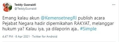 Teddy pertanyakan akun Setneg unggah Jokowi hadiri nikahan Atta langgar aturan (Twitter)