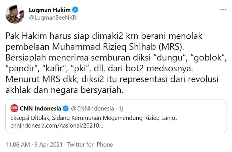 Cuitan Luqman Hakim soal eksepsi Habib Rizieq ditolak (Twitter/ LuqmanBeeNKRI).