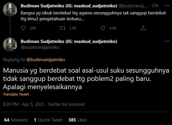 Ciutan Ulil Budiman Sudjatmiko. (Twitter/@budimansudjatmiko)