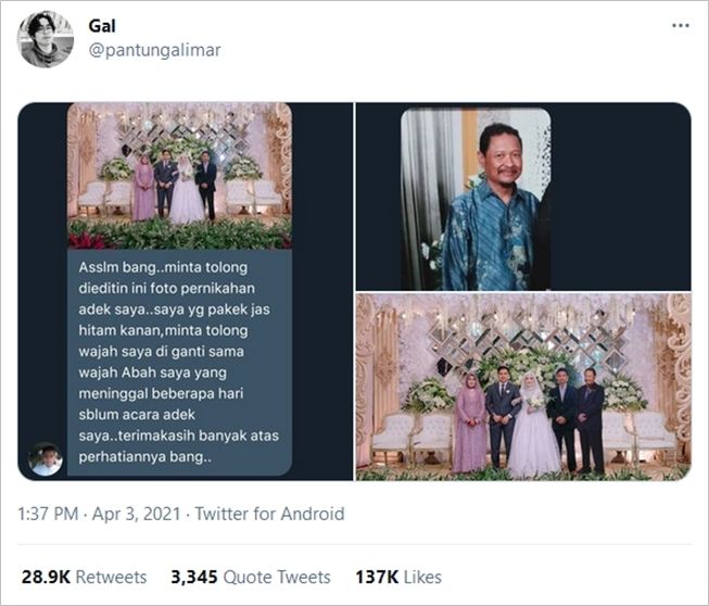 Viral pria menghadirkan mendiang ayah di foto pernikahan sang adik. (Twitter/@pantungalimar)