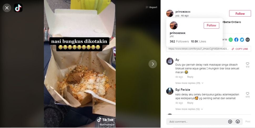 Pesawat delay dapat nasi kotak, pas dibuka isinya bikin warganet merasa tertipu (TikTok).