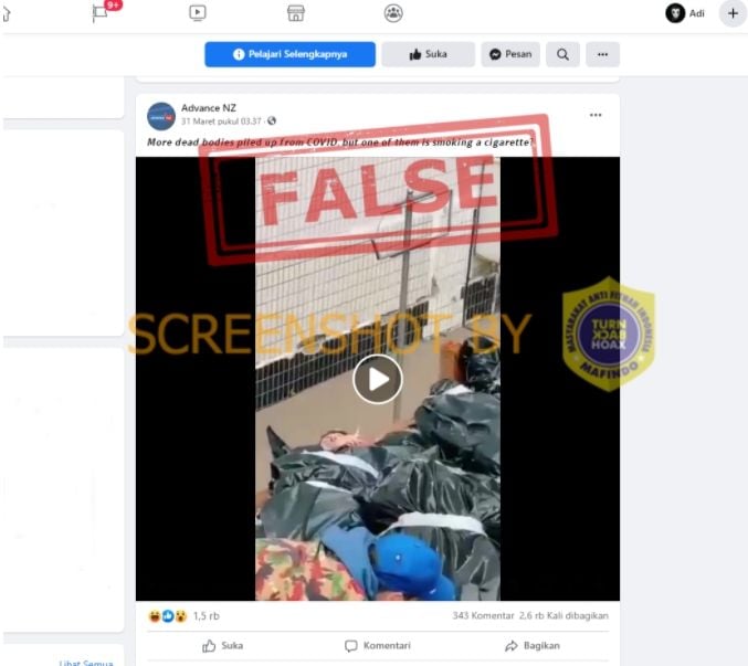 Cek fakta benarkah video mayat bertumpuk akibat Covid-19, satu diantaranya memegang rokok (turnbackhoax.id).