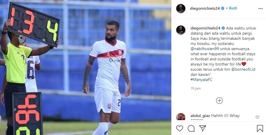 Diego Michiels pamit tinggalkan Borneo FC melalui Instagram. (Instagram/@diegomichiels24).