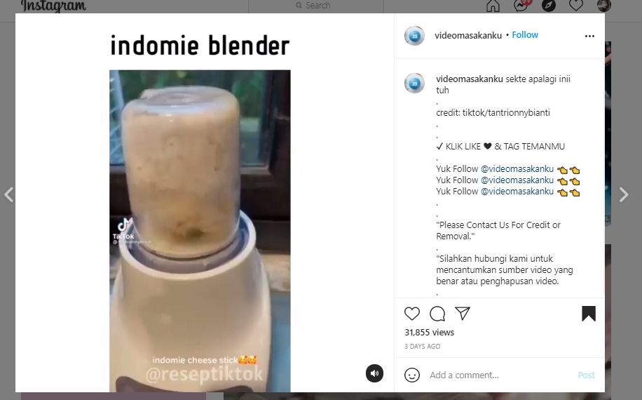 Bikin Mi Instan Diblender, Aksi Warganet Ini Bikin Publik Tercengang. (Instagram /videomasakanku)