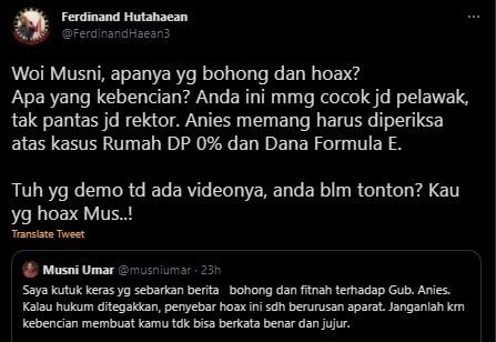 Cuitan Ferdiand Soal Penangkapan Anies Baswedan. (Twitter/@FerdinandHaean3)