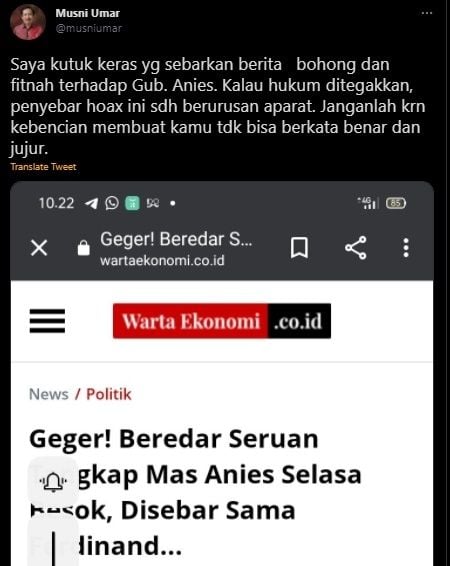 Cuitan Musni Soal Penangkapan Anies Baswedan. (Twitter/@musniumar)