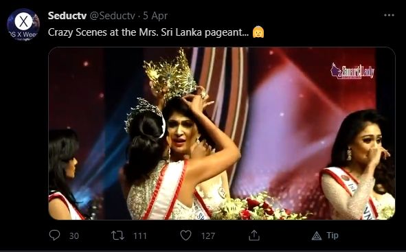 Caroline Jurie copot paksa mahkota pemenang Mrs World Sri Lanka. [Twitter/@Seductv]