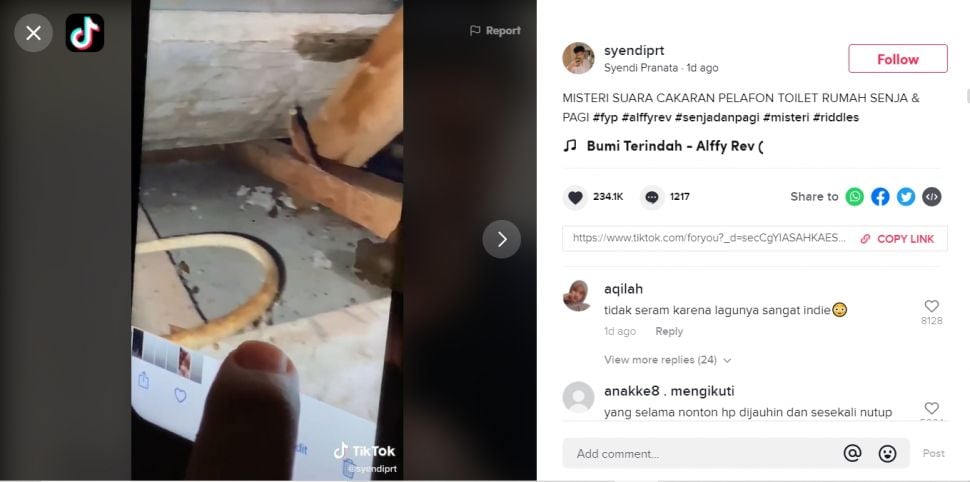 Pria intip plafon toilet karena parno ada suara cakaran (TikTok).