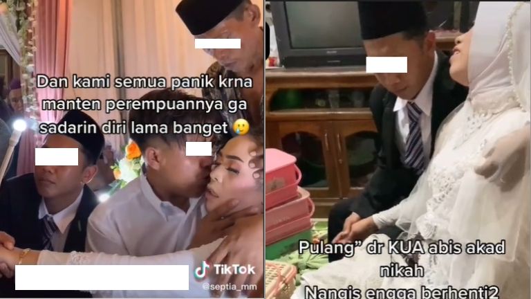 Viral pengantin wanita nangis sampai lemas tak sadarkan diri usai akad di KUA (TikTok).