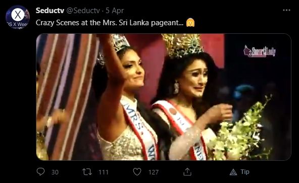 Caroline Jurie forcibly removes the crown of Mrs World Sri Lanka winner. [Twitter/@Seductv]