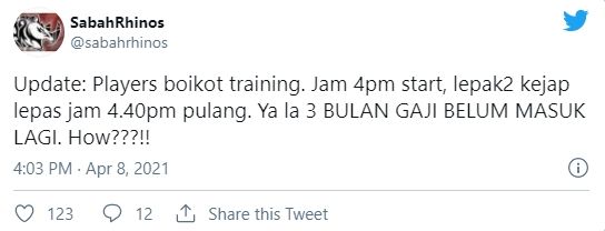 Pemain Sabah FC dilaporkan belum menerima gaji selama 3 bulan. (Twitter/@SabahRhinos).